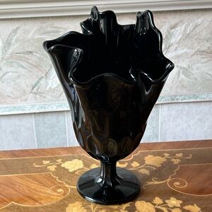 Fenton Black Amethyst Glass Thumbprint Ruffled Swung Rim Vase Depression Glass